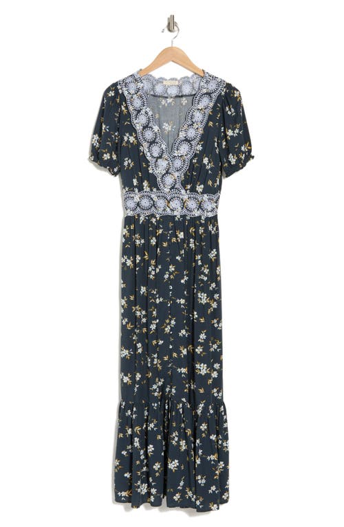 Shop Lovestitch Embroidered Print Maxi Dress In Navy/powder Blue