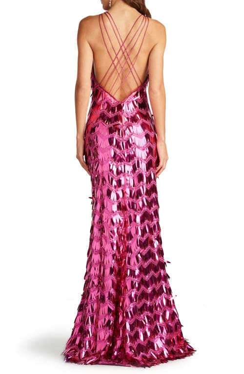 Sho By Tadashi Shoji Sequin Fringe Strappy Back Mermaid Gown In Wild Pink