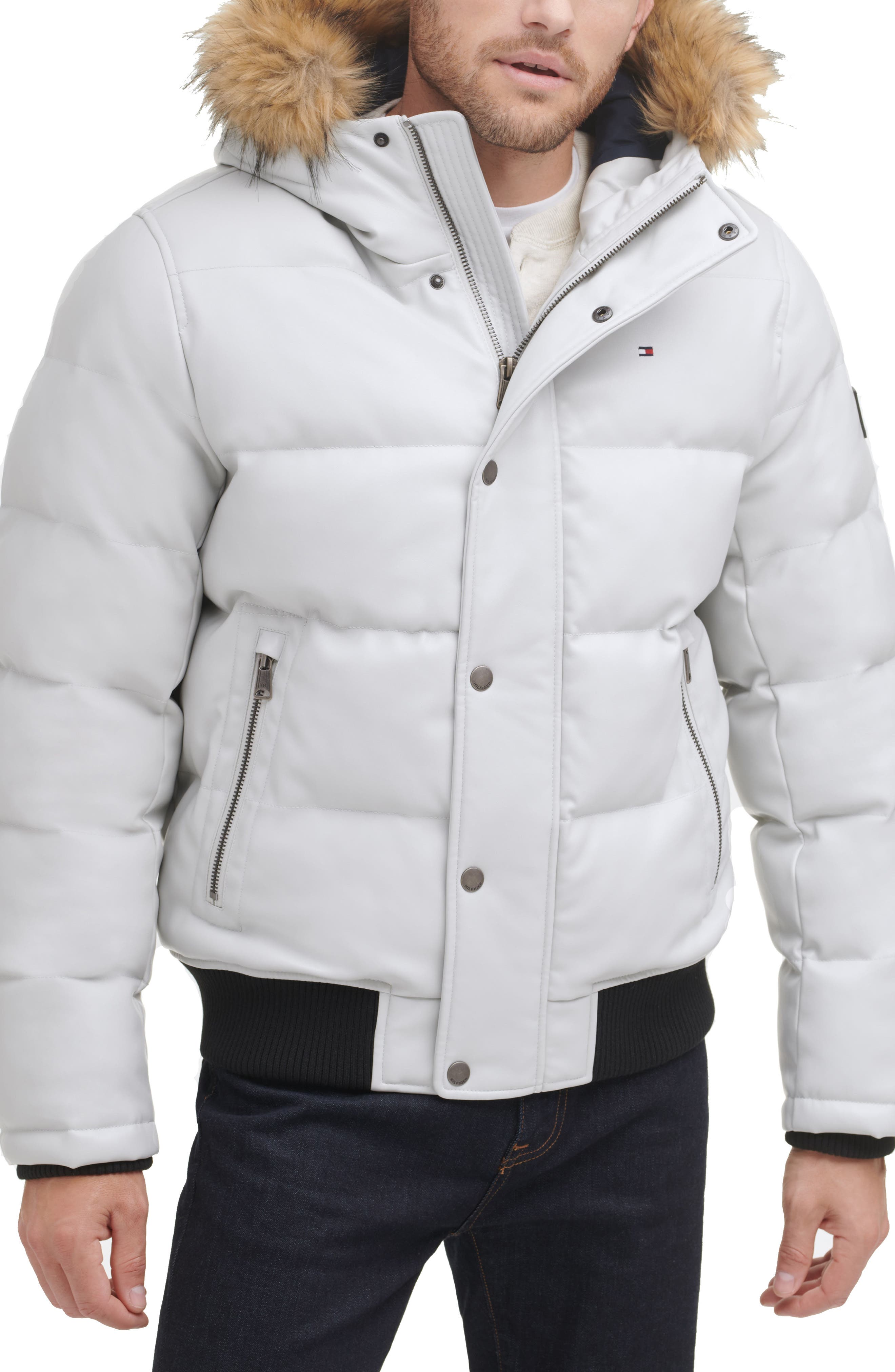 tommy hilfiger faux fur hood bomber jacket