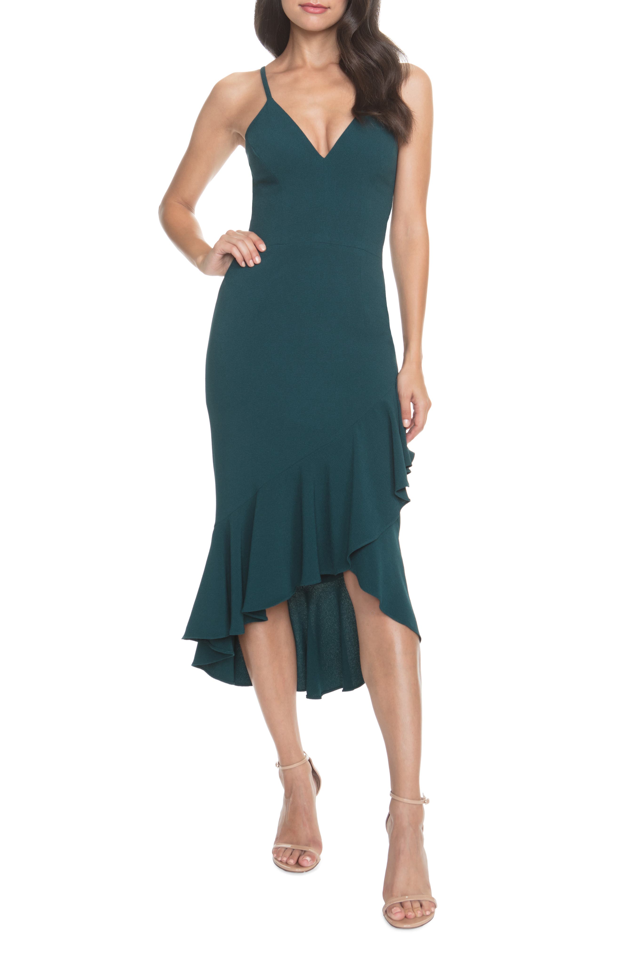 Dress The Population Wendy High/low Ruffle Cocktail Dress, Green