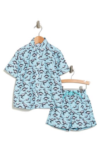Shop Beach Bros Kids' Chevron Dino Cabana Shirt & Shorts Set In Aqua