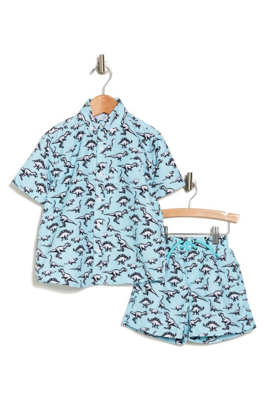 Shop Beach Bros Kids' Chevron Dino Button-down Shirt & Shorts Cover-up Set In Aqua