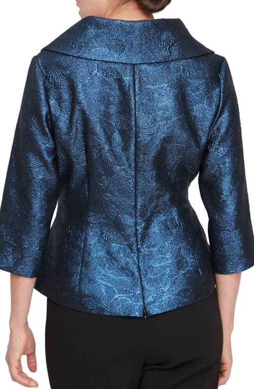 Shop Alex Evenings Metallic Jacquard Portrait Collar Faux Wrap Top In Royal