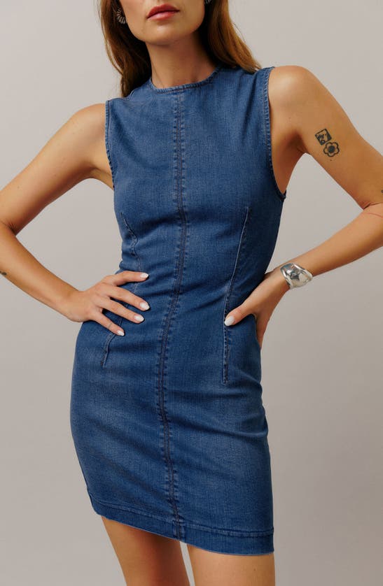 Shop Reformation Kendi Denim Sheath Minidress In Bleu