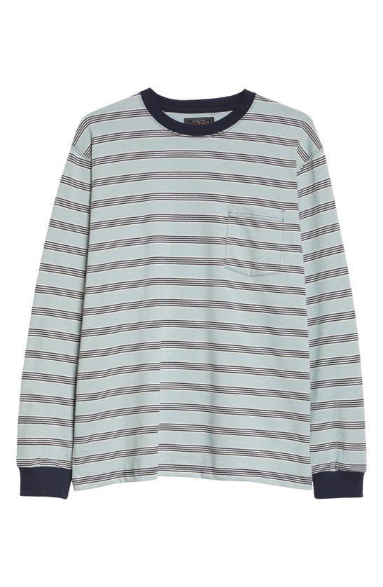 Shop Beams Stripe Long Sleeve Cotton Pocket T-shirt In Sax 70