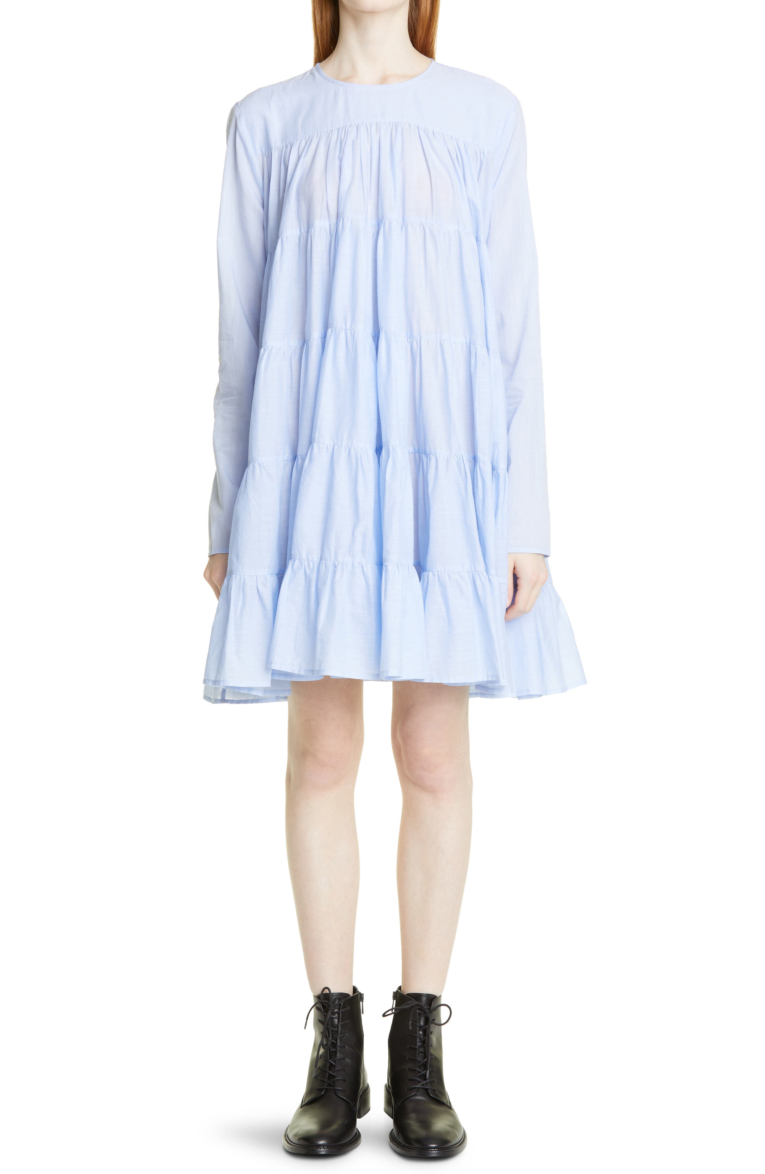 Merlette Soliman Tiered Long Sleeve Babydoll Dress in Chambray