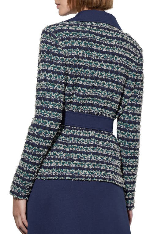 Shop Ming Wang Belted Mixed Media Moto Jacket In Regatta/multi
