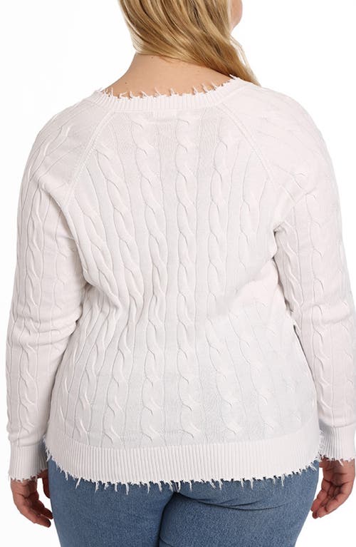 MINNIE ROSE MINNIE ROSE FRAYED V-NECK CABLE KNIT COTTON SWEATER