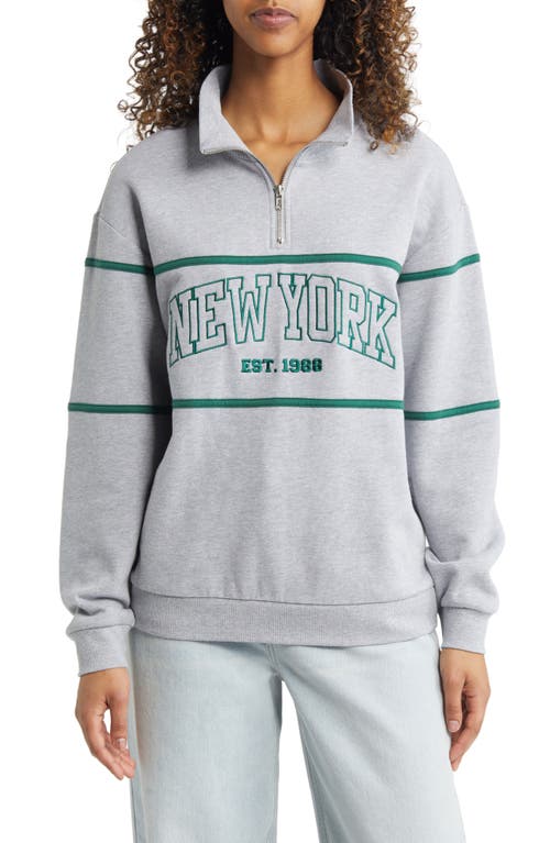 Vinyl Icons Embroidered NY Quarter Zip Pullover in Grey
