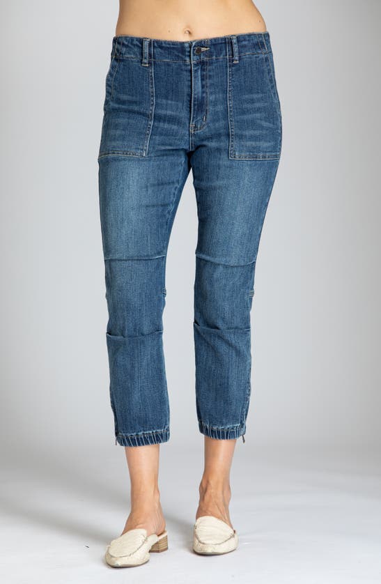 Apny Crop Utility Denim Joggers In Medium Indigo