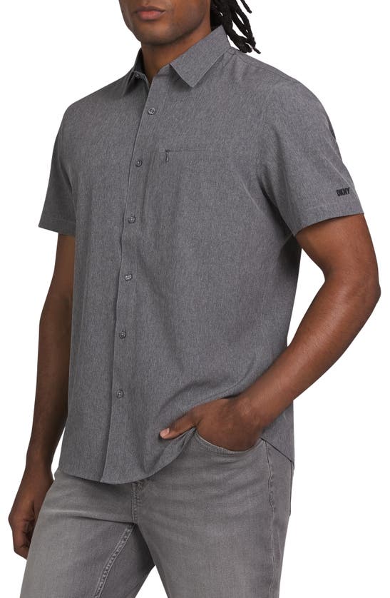 Shop Dkny Sportswear Lorin Short Sleeve Button-down Tech Shirt In Grey Heather