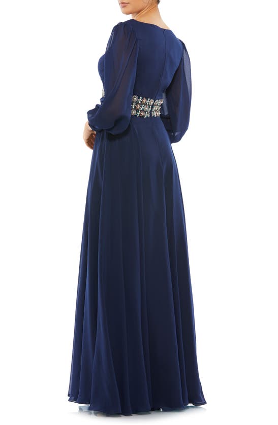 Shop Mac Duggal Belted Long Sleeve A-line Gown In Midnight