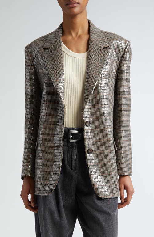 Shop Golden Goose Journey Sequin Houndstooth Virgin Wool Blazer In Beige/black/savvy Red