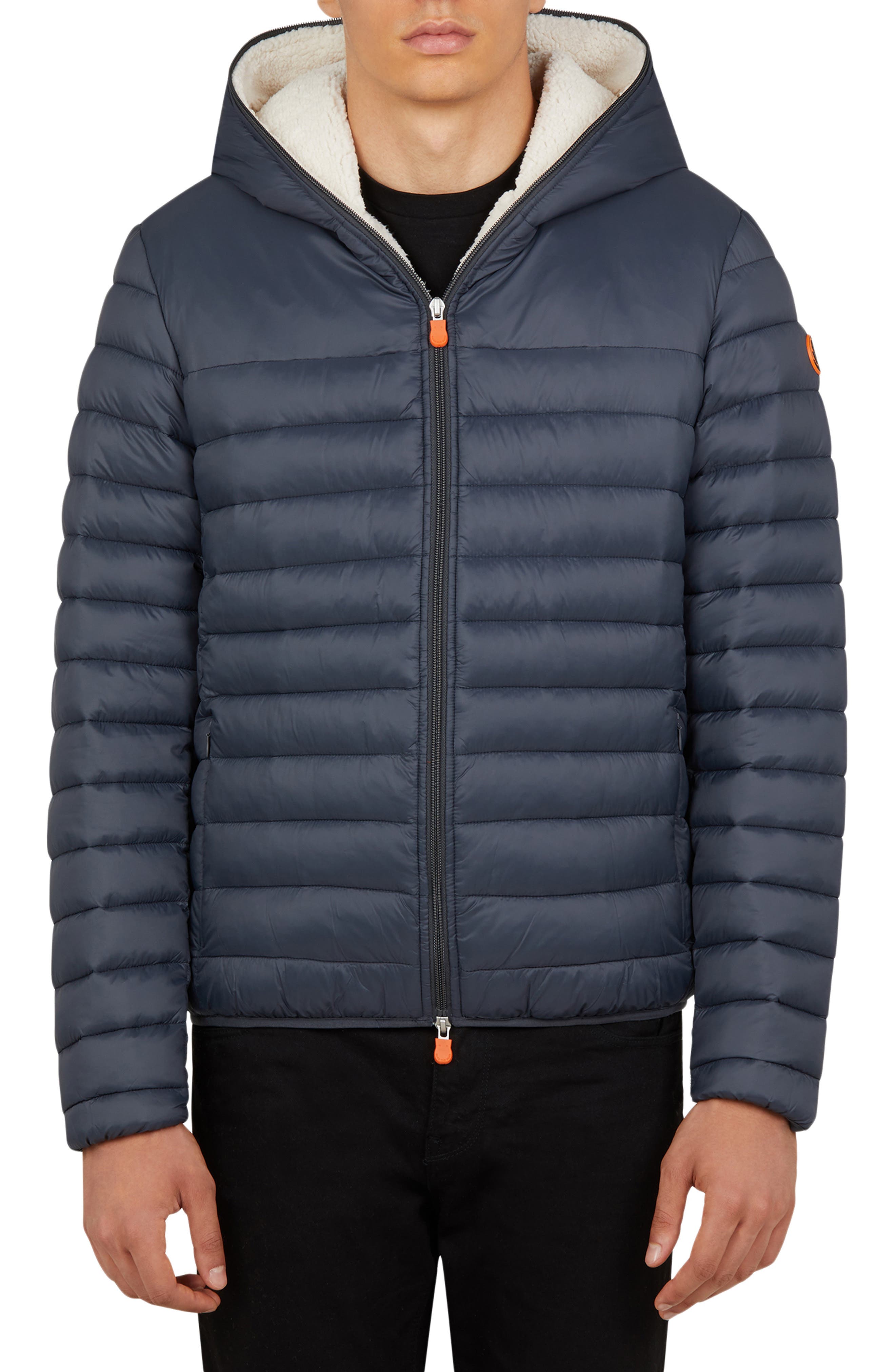 Save The Duck Giga Waterproof Faux Shearling Lined Puffer Jacket In Navy Blue