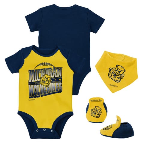 Infant Mitchell & Ness Navy/Maize Michigan Wolverines 3-Pack Bodysuit, Bib and Bootie Set
