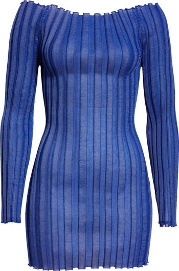 Katrine Semisheer Off the Shoulder Long Sleeve Rib Cotton Blend Dress