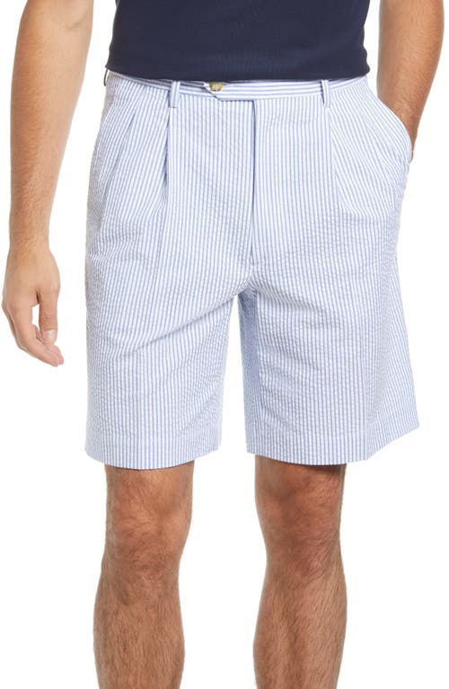 Pleated Seersucker Shorts in Light Blue