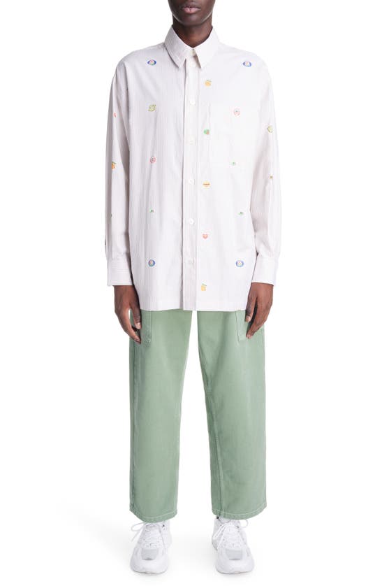 Shop Kenzo Fruit Stickers Oversize Stripe Button-up Shirt In Camel