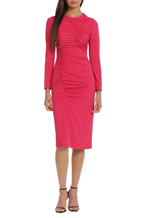 Ruched Long Sleeve Knit Dress in Bright Rose
