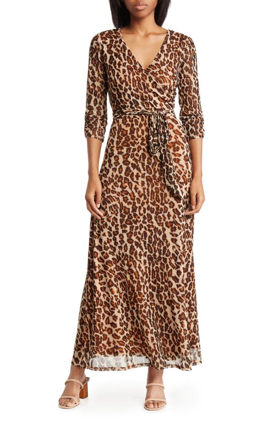 Harlow & Rose Ruched 3/4 Sleeve Faux Wrap Maxi Dress In Tan