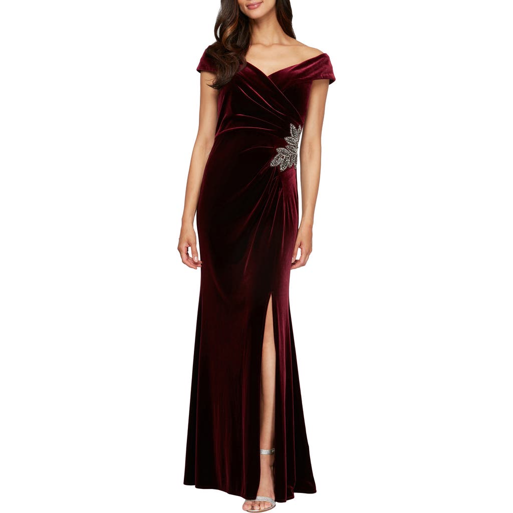Alex Evenings Embellished Off the Shoulder Velvet Gown in Wine