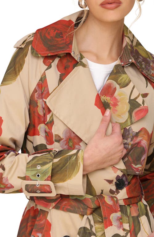 Shop Avec Les Filles Rose Print Belted Double Breasted Cotton Blend Trench Coat In Tan Portofino Rose