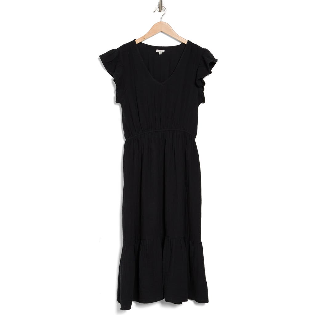 Maisie Flutter Sleeve Cotton Gauze Midi Dress In Black