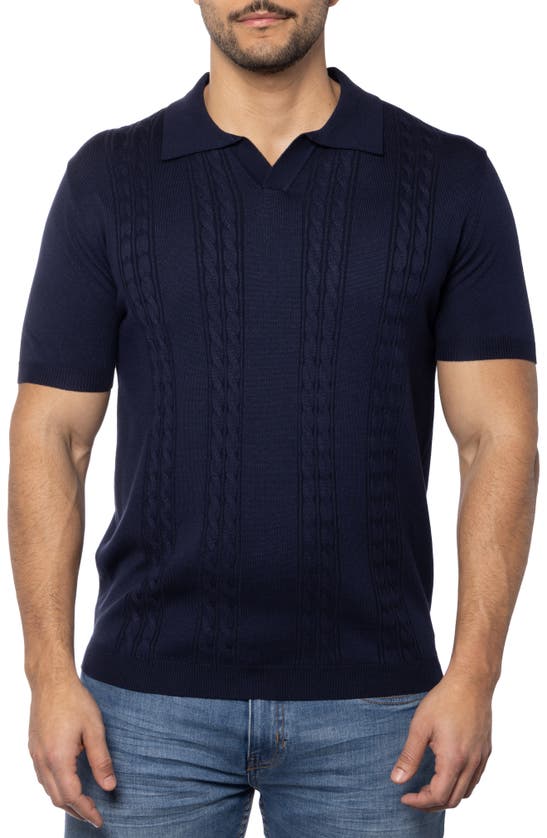 Shop Spring + Mercer Cable Short Sleeve Johnny Collar Sweater In Navy