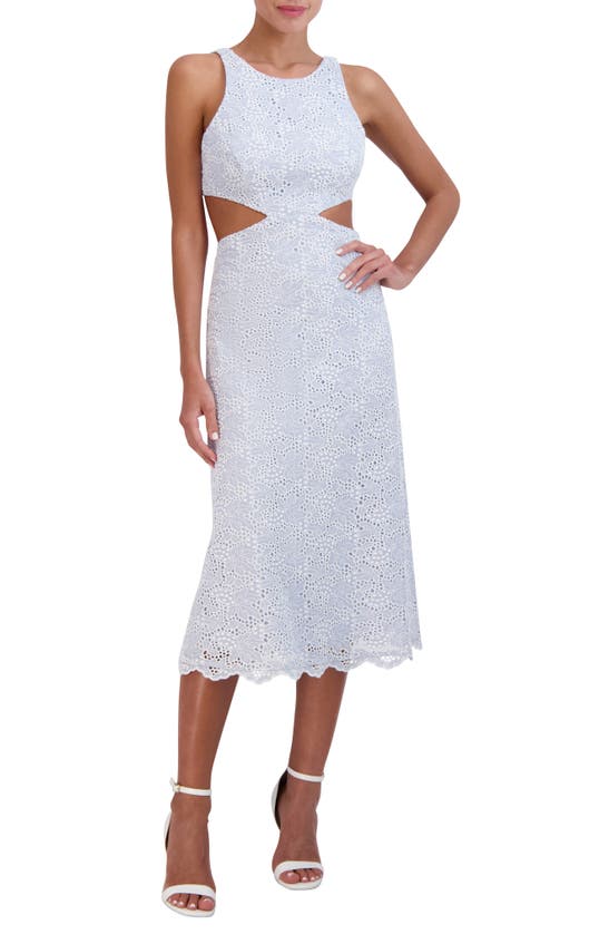Shop Bcbgmaxazria Embroidered Cutout Eyelet A-line Dress In Heather Blue