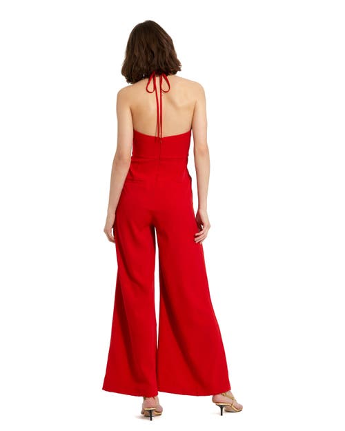 Shop Mac Duggal Crepe Halter Neck Flower Detail Jumpsuit In Cherry