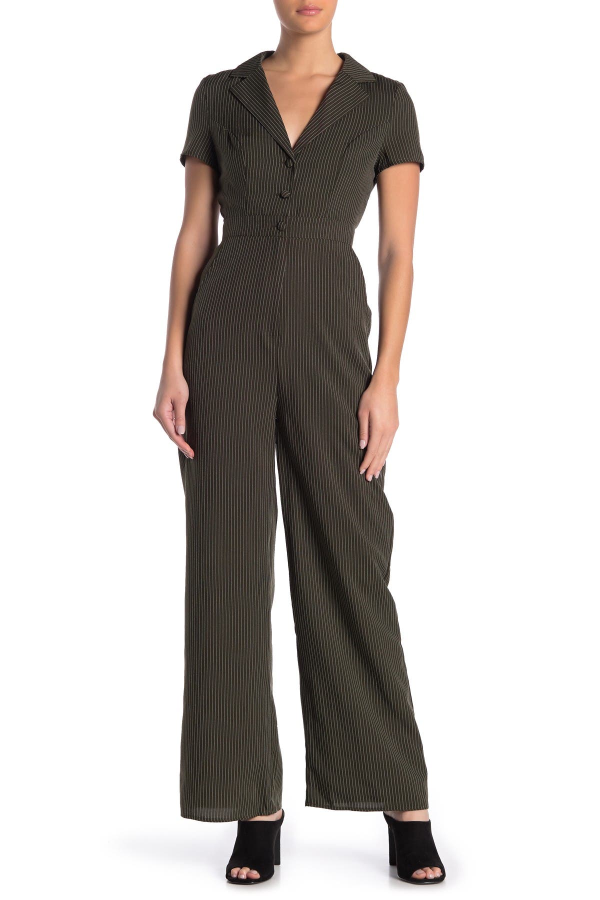 wild honey pinstripe flared dungaree jumpsuit