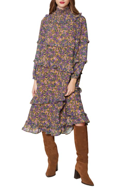 Mauve Medley Floral Print Long Sleeve Ruffle Dress
