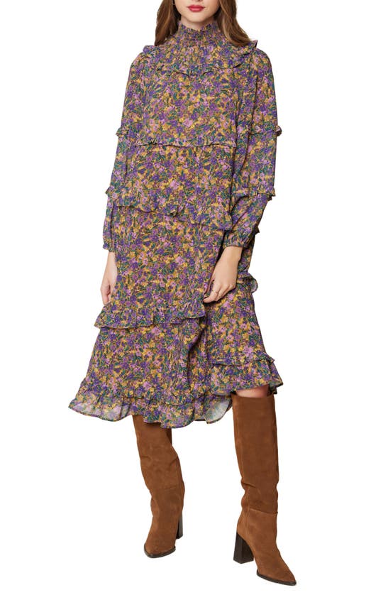 Lost + Wander Mauve Medley Floral Print Long Sleeve Ruffle Dress In Purple Floral