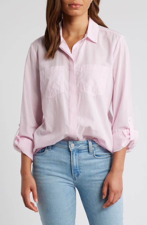 beachlunchlounge Stripe Cotton & Modal Button-Up Shirt in Voile Pink 