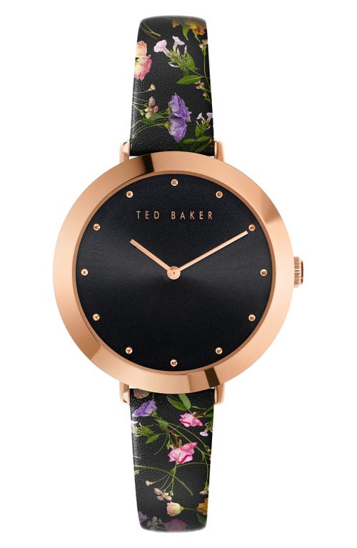 Shop Ted Baker London Ammy Floral Leather Strap Watch, 34mm In Rose Gold/black/floral