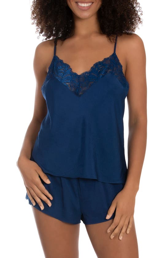 In Bloom By Jonquil Lace Trim Satin Camisole & Shorts 2-piece Pajama Set In Sapphire