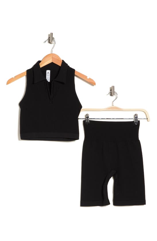90 Degree By Reflex Seamless Baseline Sleeveless Polo & Biker Shorts Set In Black