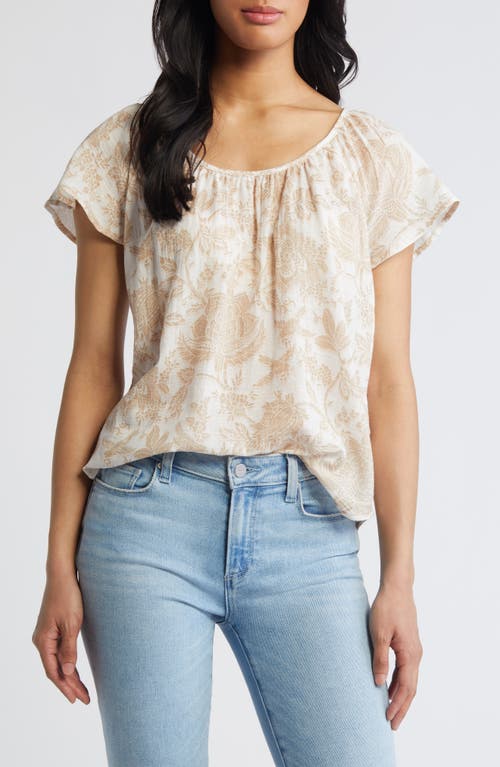 Liverpool Los Angeles Floral Flutter Sleeve Cotton Top Tan White at Nordstrom,