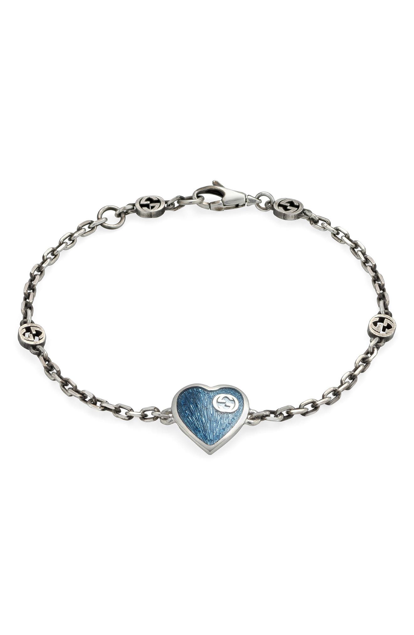 Gucci Extra Small Interlocking-G Blue Heart Bracelet in Silver/Blue at Nordstrom, Size 6.5 Us