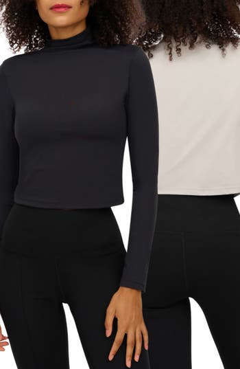 Shop Yogalicious Zenly Evelyn Set Of 2 Funnel Neck Long Sleeve Crop Tops In Micro Chip/black