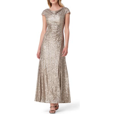 Tahari Sequin Embellished Cowl Neck Evening Gown, Beige