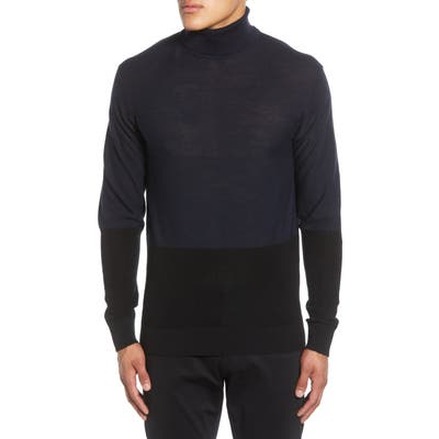 Karl Lagerfeld Paris Colorblock Wool Blend Turtleneck Sweater, Blue
