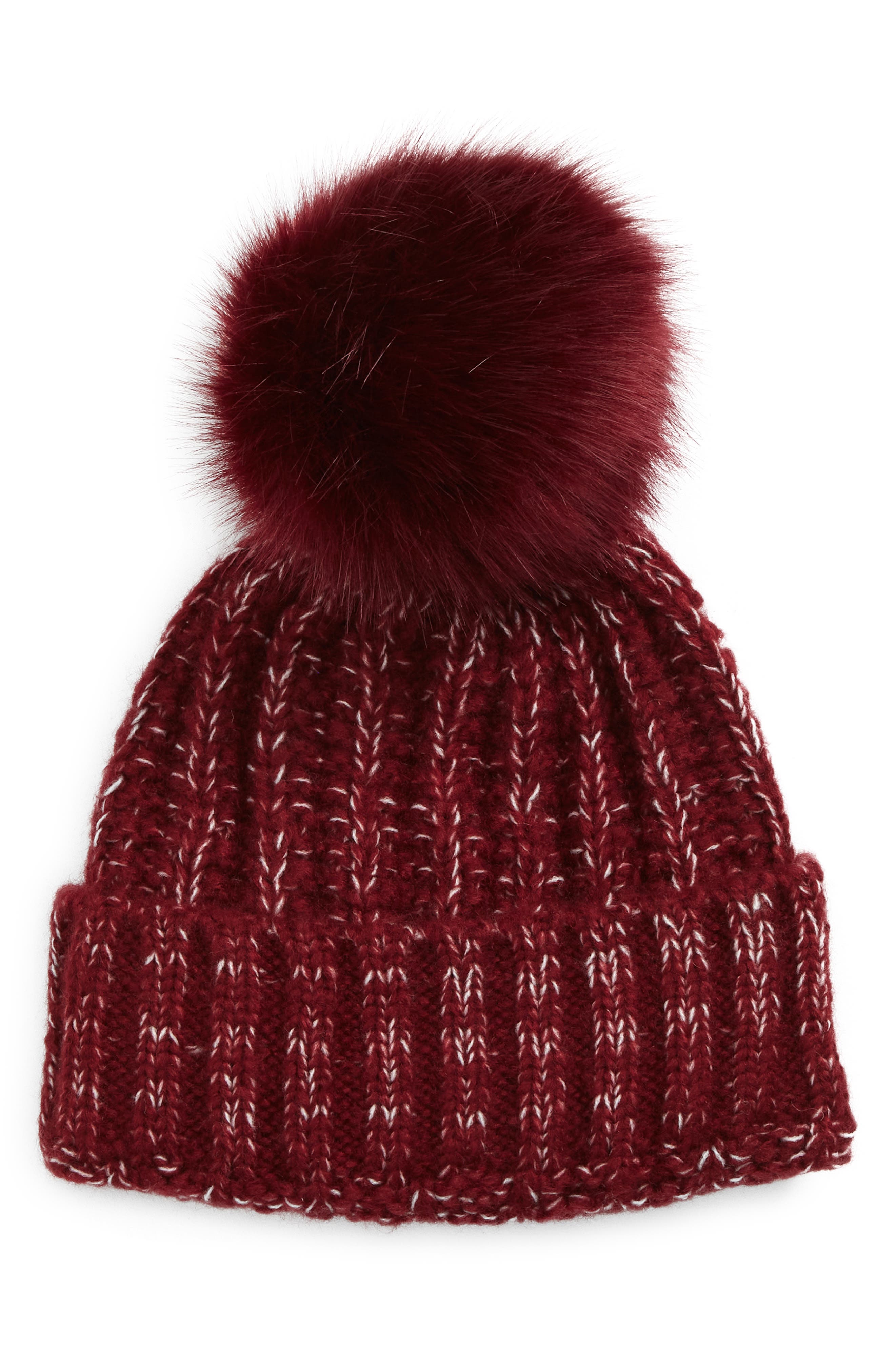 Kyi Kyi Chunky Wool Blend Beanie with Faux Fur Pom in Silver/Grey Black Tip at Nordstrom