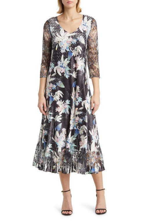 Floral Three-Quarter Sleeve Charmeuse & Lace Dress in Onyx Burst