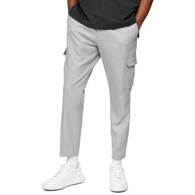 Topman Classic Fit Crop Twill Cargo Pants, Grey