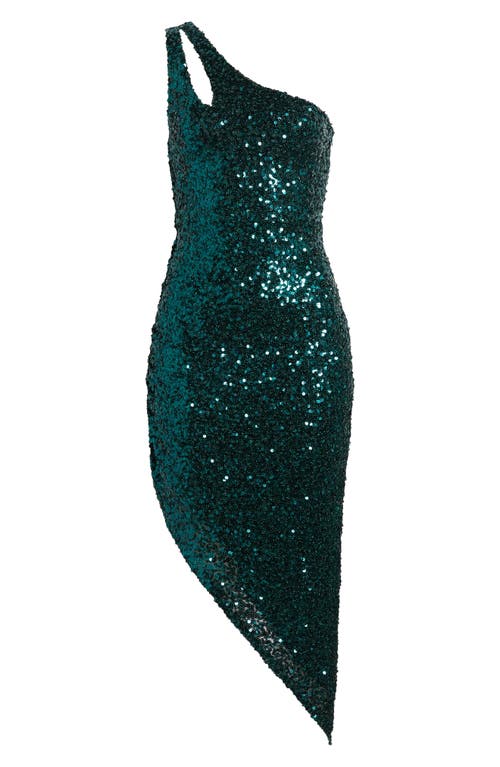 Shop Jump Apparel Cutout Asymmetric One-shoulder Sequin Cocktail Dress In Hunter