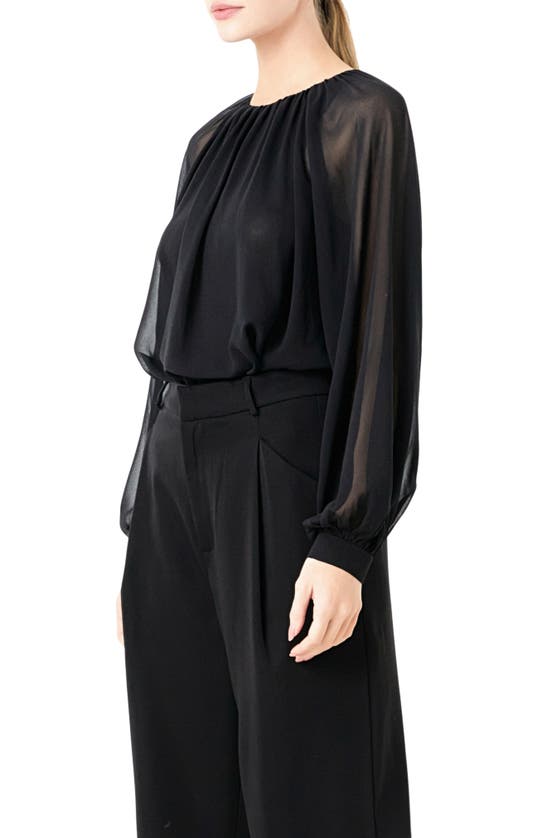 Shop Endless Rose Sheer Sleeve Blouson Bodysuit In Black
