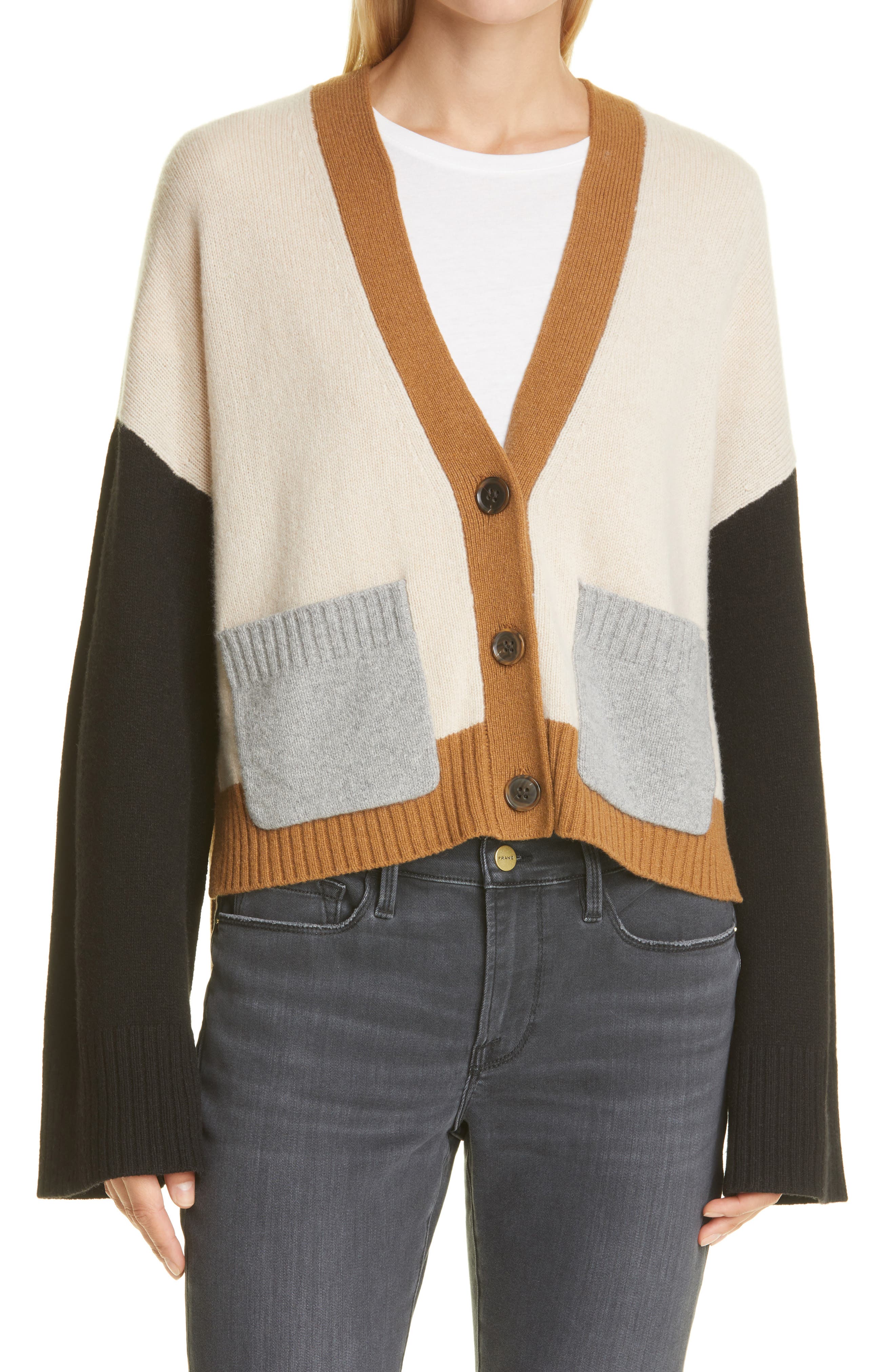 FRAME Colorblock Cashmere Cardigan in Vicuna Multi at Nordstrom, Size X-Small