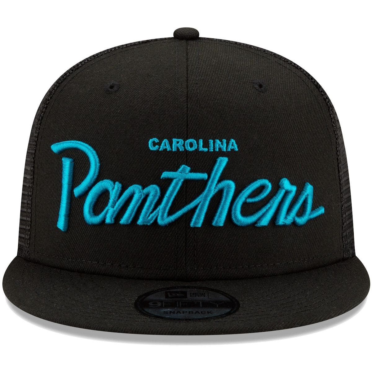 New Era Men S New Era Black Carolina Panthers Script Trucker 9fifty Snapback Hat Nordstrom