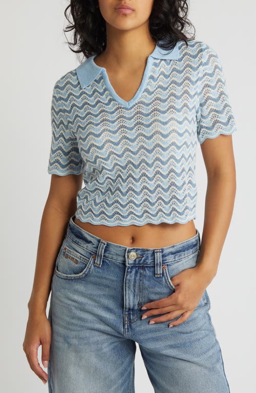 Noisy may Sadie Wavy Stripe Pointelle Short Sleeve Crop Sweater Cerulean Allure Eggnog at Nordstrom,